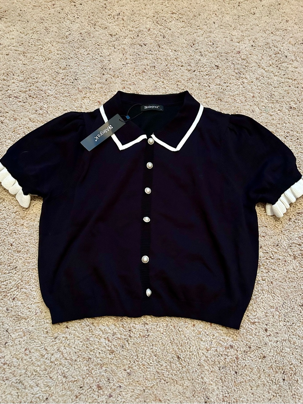 Allegra K Black Short-Sleeve Pearl Button Sweater with White Trim